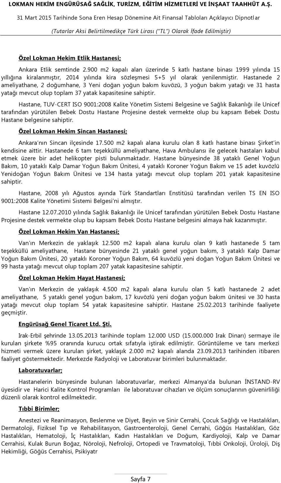 Hastanede 2 ameliyathane, 2 doğumhane, 3 Yeni doğan yoğun bakım kuvözü, 3 yoğun bakım yatağı ve 31 hasta yatağı mevcut olup toplam 37 yatak kapasitesine sahiptir.