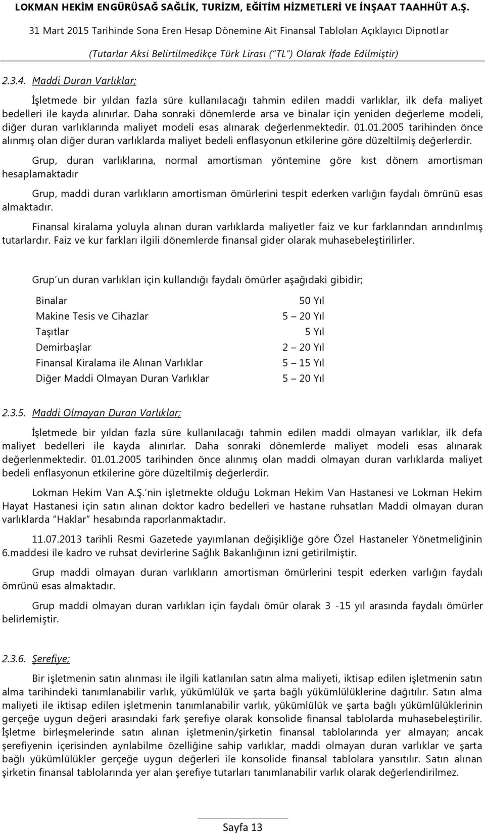 01.2005 tarihinden önce alınmıģ olan diğer duran varlıklarda maliyet bedeli enflasyonun etkilerine göre düzeltilmiģ değerlerdir.