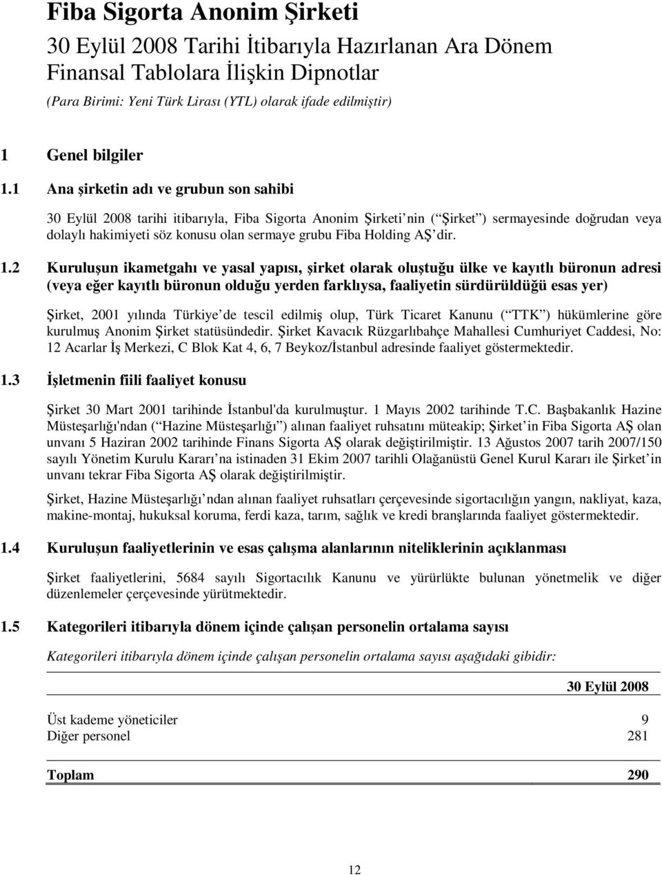 1.2 Kuruluşun ikametgahı ve yasal yapısı, şirket olarak oluştuğu ülke ve kayıtlı büronun adresi (veya eğer kayıtlı büronun olduğu yerden farklıysa, faaliyetin sürdürüldüğü esas yer) Şirket, 2001