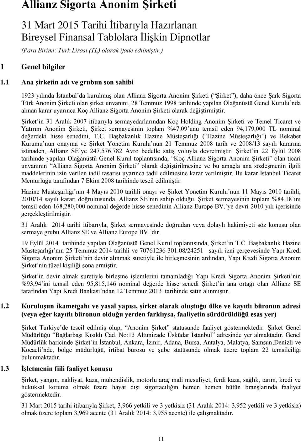 1998 tarihinde yapılan Olağanüstü Genel Kurulu nda alınan karar uyarınca Koç Allianz Sigorta Anonim Şirketi olarak değiştirmiştir.