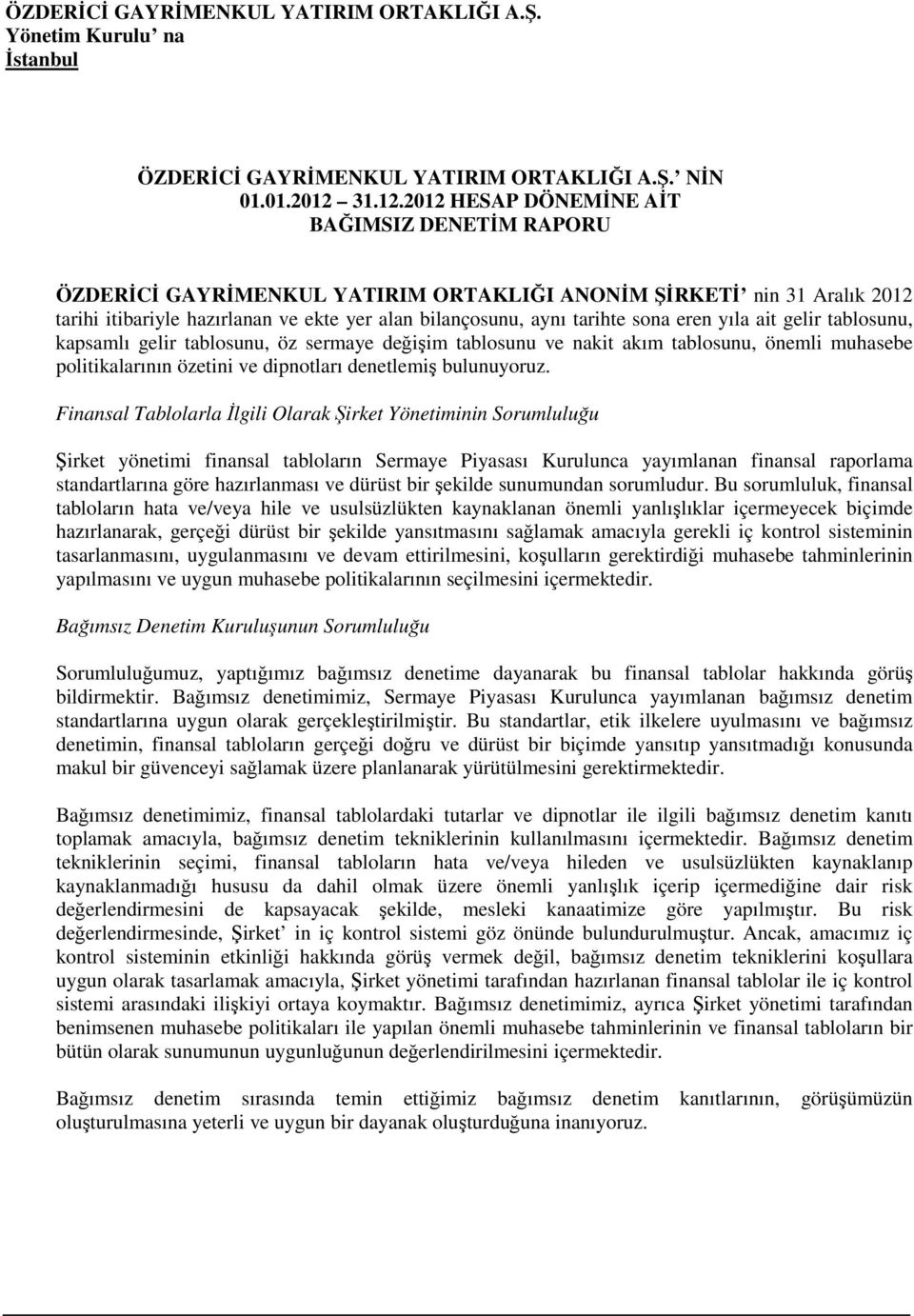 2012 HESAP DÖNEMİNE AİT BAĞIMSIZ DENETİM RAPORU ÖZDERİCİ GAYRİMENKUL YATIRIM ORTAKLIĞI ANONİM ŞİRKETİ nin 31 Aralık 2012 tarihi itibariyle hazırlanan ve ekte yer alan bilançosunu, aynı tarihte sona