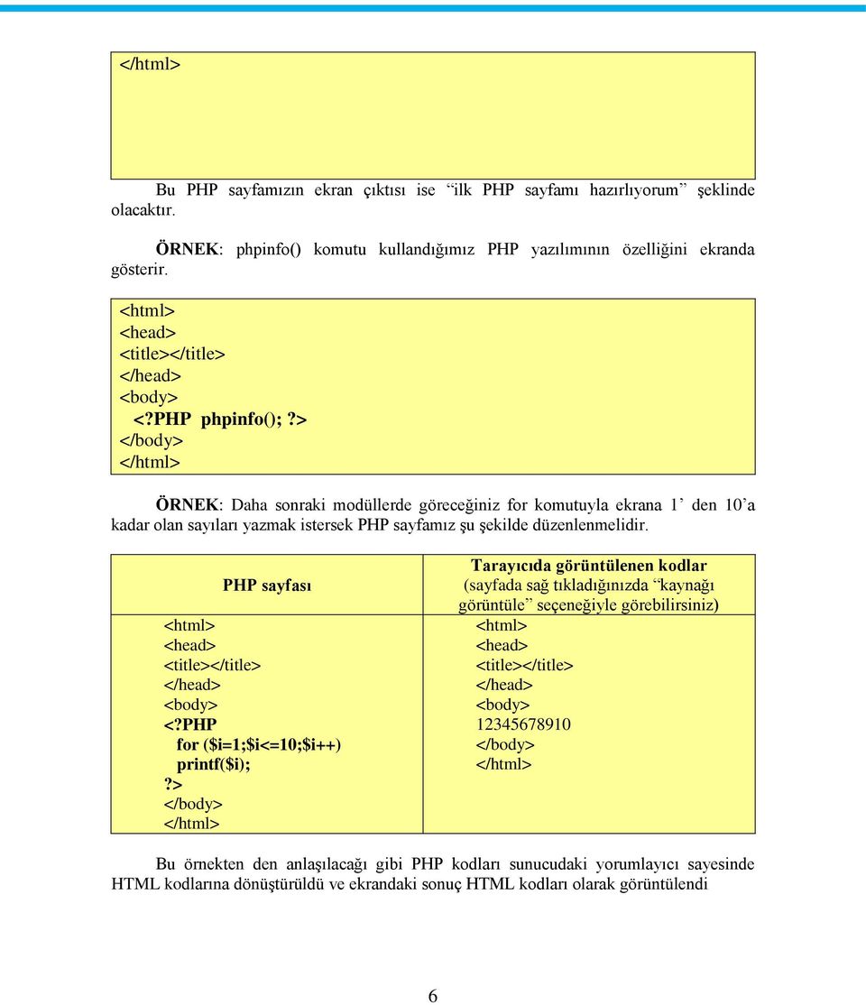 > </body> </html> ÖRNEK: Daha sonraki modüllerde göreceğiniz for komutuyla ekrana 1 den 10 a kadar olan sayıları yazmak istersek PHP sayfamız şu şekilde düzenlenmelidir.