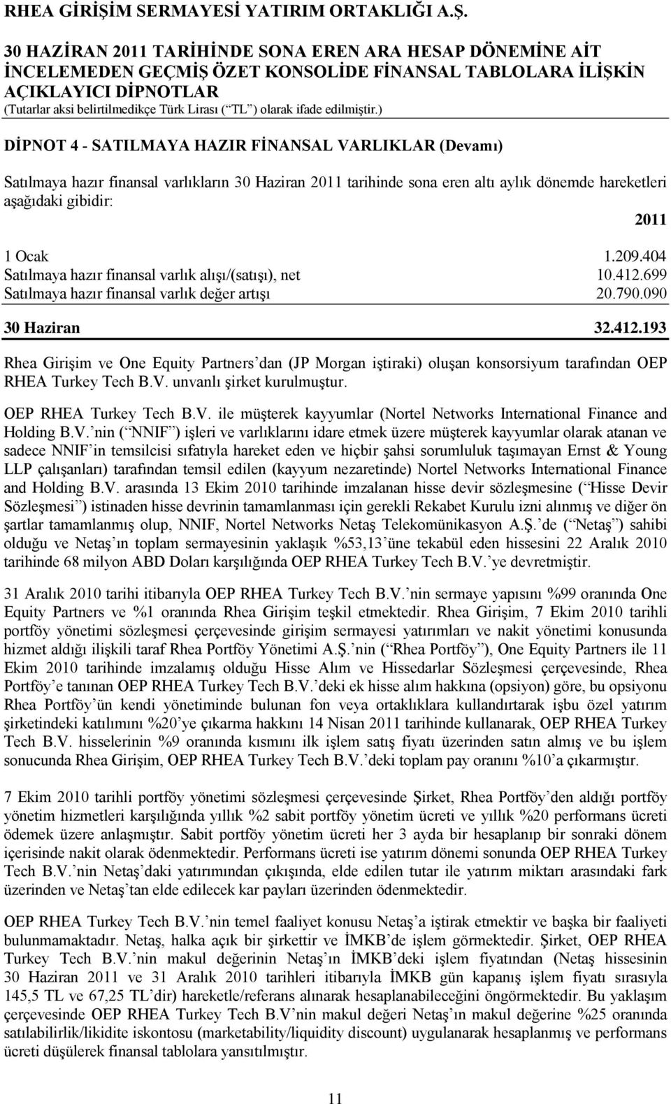 V. unvanlı şirket kurulmuştur. OEP RHEA Turkey Tech B.V. ile müşterek kayyumlar (Nortel Networks International Finance and Holding B.V. nin ( NNIF ) işleri ve varlıklarını idare etmek üzere müşterek