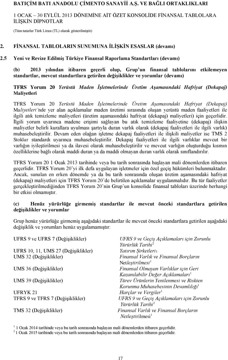 değişiklikler ve yorumlar (devamı) TFRS Yorum 20 Yerüstü Maden İşletmelerinde Üretim Aşamasındaki Hafriyat (Dekapaj) Maliyetleri TFRS Yorum 20 Yerüstü Maden İşletmelerinde Üretim Aşamasındaki