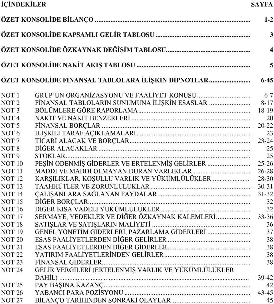 .. 18-19 NOT 4 NAKİT VE NAKİT BENZERLERİ... 20 NOT 5 FİNANSAL BORÇLAR... 20-22 NOT 6 İLİŞKİLİ TARAF AÇIKLAMALARI... 23 NOT 7 TİCARİ ALACAK VE BORÇLAR... 23-24 NOT 8 DİĞER ALACAKLAR... 25 NOT 9 STOKLAR.