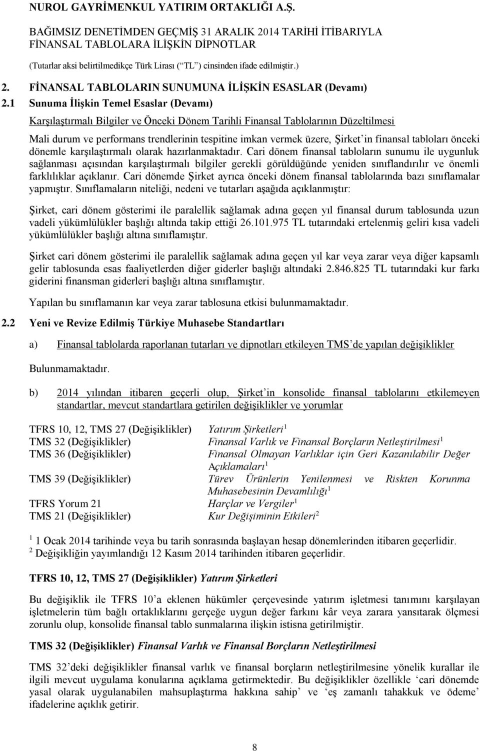 in finansal tabloları önceki dönemle karşılaştırmalı olarak hazırlanmaktadır.