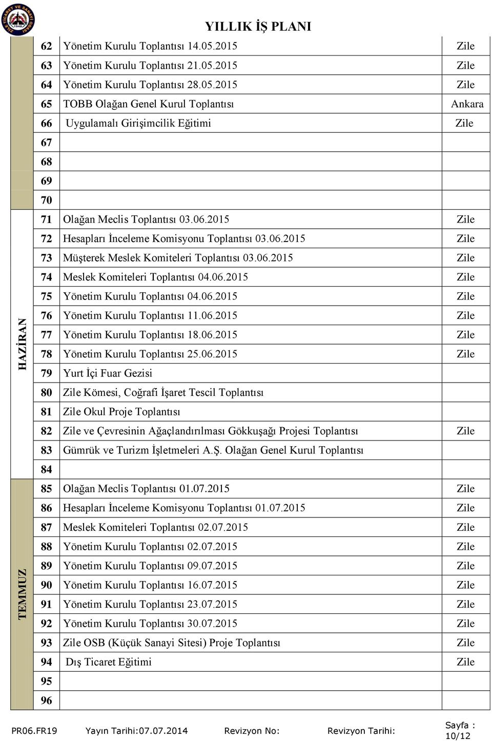 06.2015 Zile 72 Hesapları Ġnceleme Komisyonu Toplantısı 03.06.2015 Zile 73 MüĢterek Meslek Komiteleri Toplantısı 03.06.2015 Zile 74 Meslek Komiteleri Toplantısı 04.06.2015 Zile 75 Yönetim Kurulu Toplantısı 04.