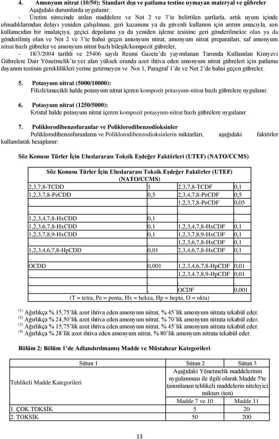 geri gönderilmekte olan ya da gönderilmiģ olan ve Not 2 ve 3 te bahsi geçen amonyum nitrat, amonyum nitrat preparatları, saf amonyum nitrat bazlı gübreler ve amonyum nitrat bazlı bileģik/kompozit