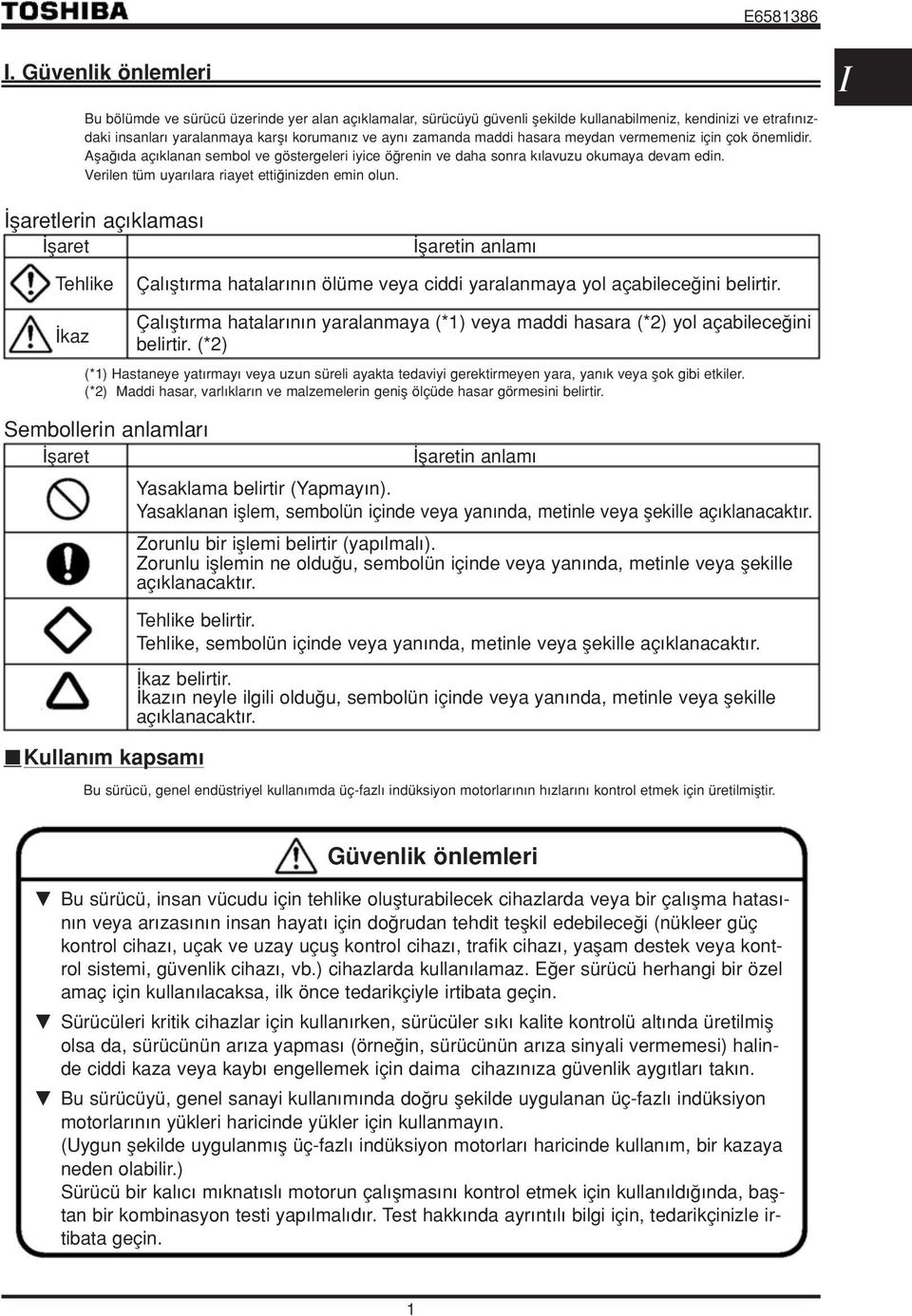 Verilen tüm uyar lara riayet etti inizden emin olun. I flaretlerin aç klamas flaret flaretin anlam Tehlike Çal flt rma hatalar n n ölüme veya ciddi yaralanmaya yol açabilece ini belirtir.