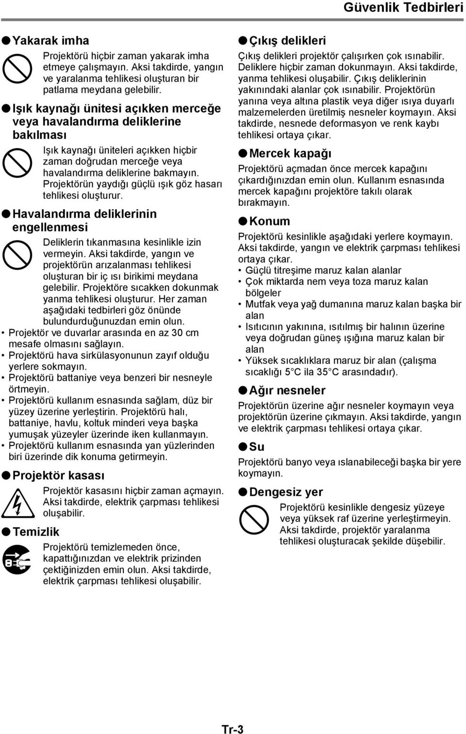 Projektörün yaydığı güçlü ışık göz hasarı tehlikesi oluşturur. Havalandırma deliklerinin engellenmesi Deliklerin tıkanmasına kesinlikle izin vermeyin.