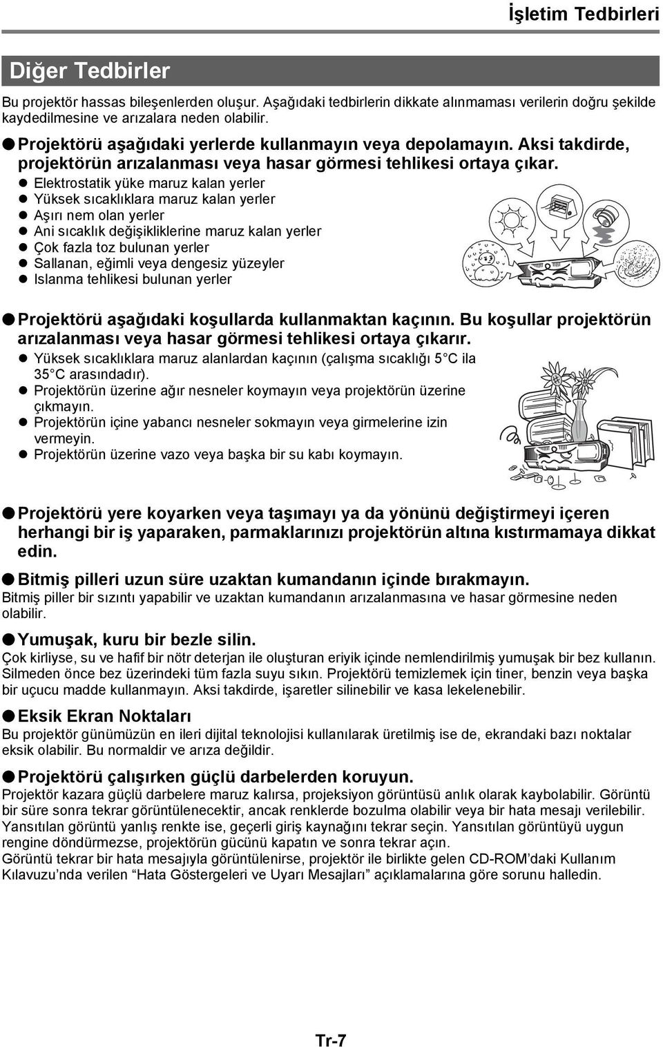 Elektrostatik yüke maruz kalan yerler Yüksek sıcaklıklara maruz kalan yerler Aşırı nem olan yerler Ani sıcaklık değişikliklerine maruz kalan yerler Çok fazla toz bulunan yerler Sallanan, eğimli veya