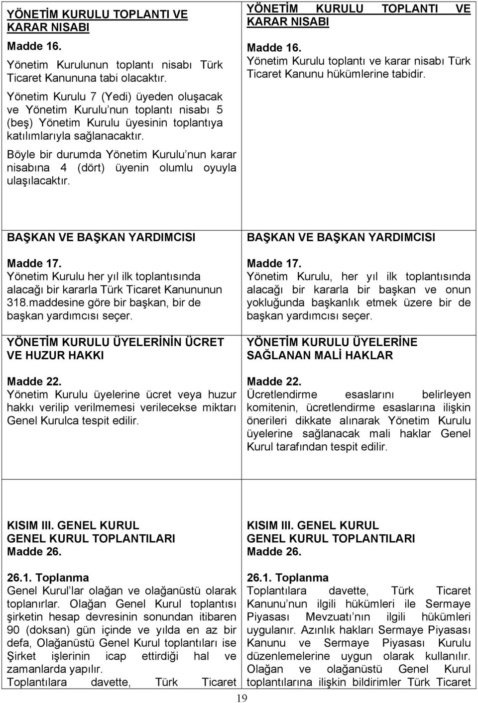 Böyle bir durumda Yönetim Kurulu nun karar nisabına 4 (dört) üyenin olumlu oyuyla ulaşılacaktır. YÖNETİM KURULU TOPLANTI VE KARAR NISABI Madde 16.