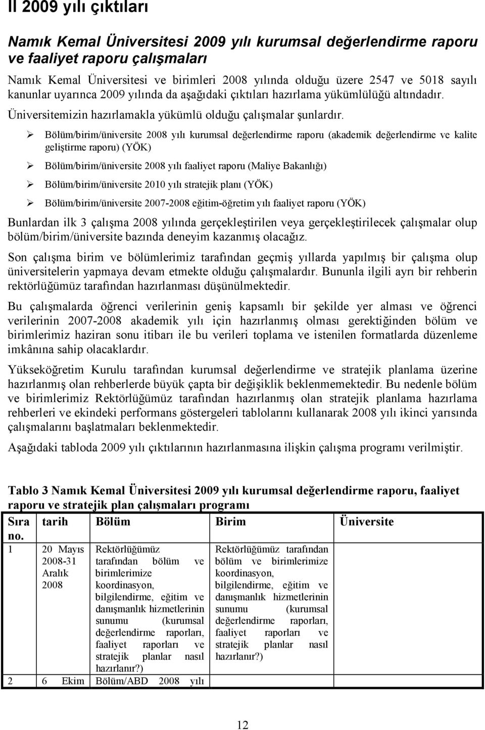 Bölüm/birim/üniversite yılı kurumsal değerlendirme raporu (akademik değerlendirme ve kalite geliştirme raporu) (YÖK) Bölüm/birim/üniversite yılı faaliyet raporu (Maliye Bakanlığı)