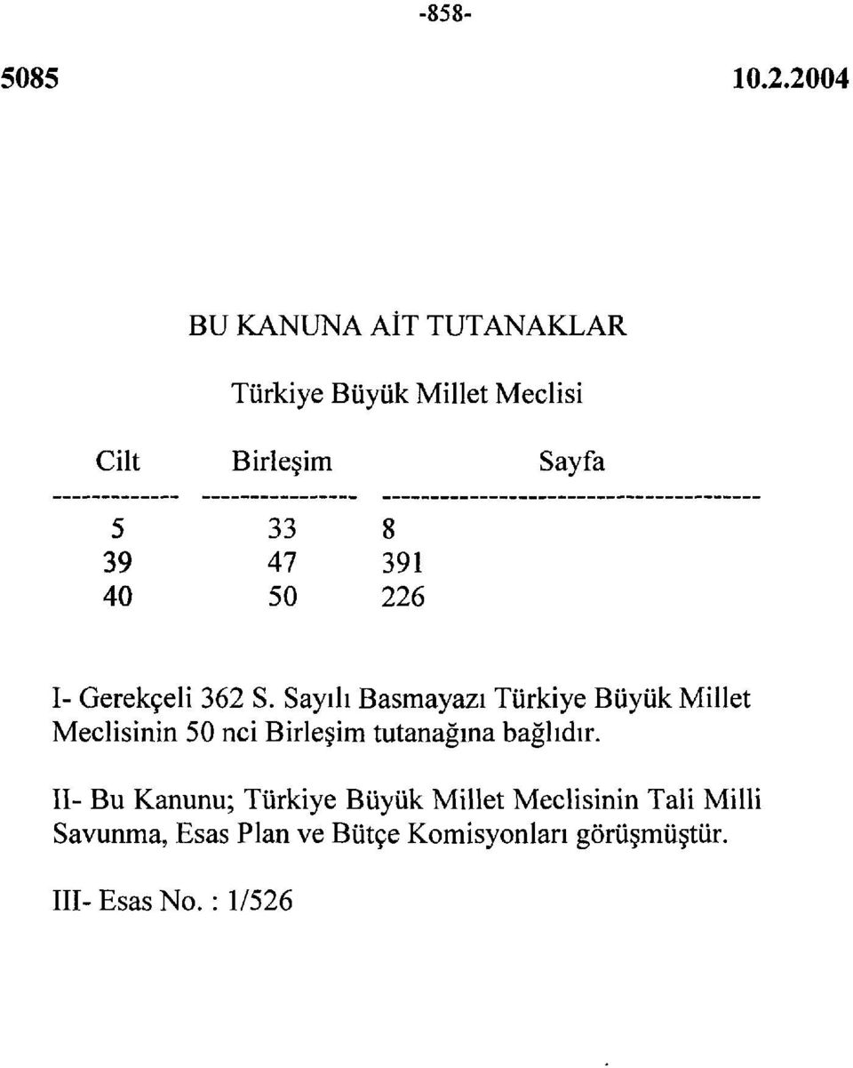 Sayılı Basmayazı Türkiye Büyük Millet Meclisinin 50 nci Birleşim tutanağına bağlıdır.