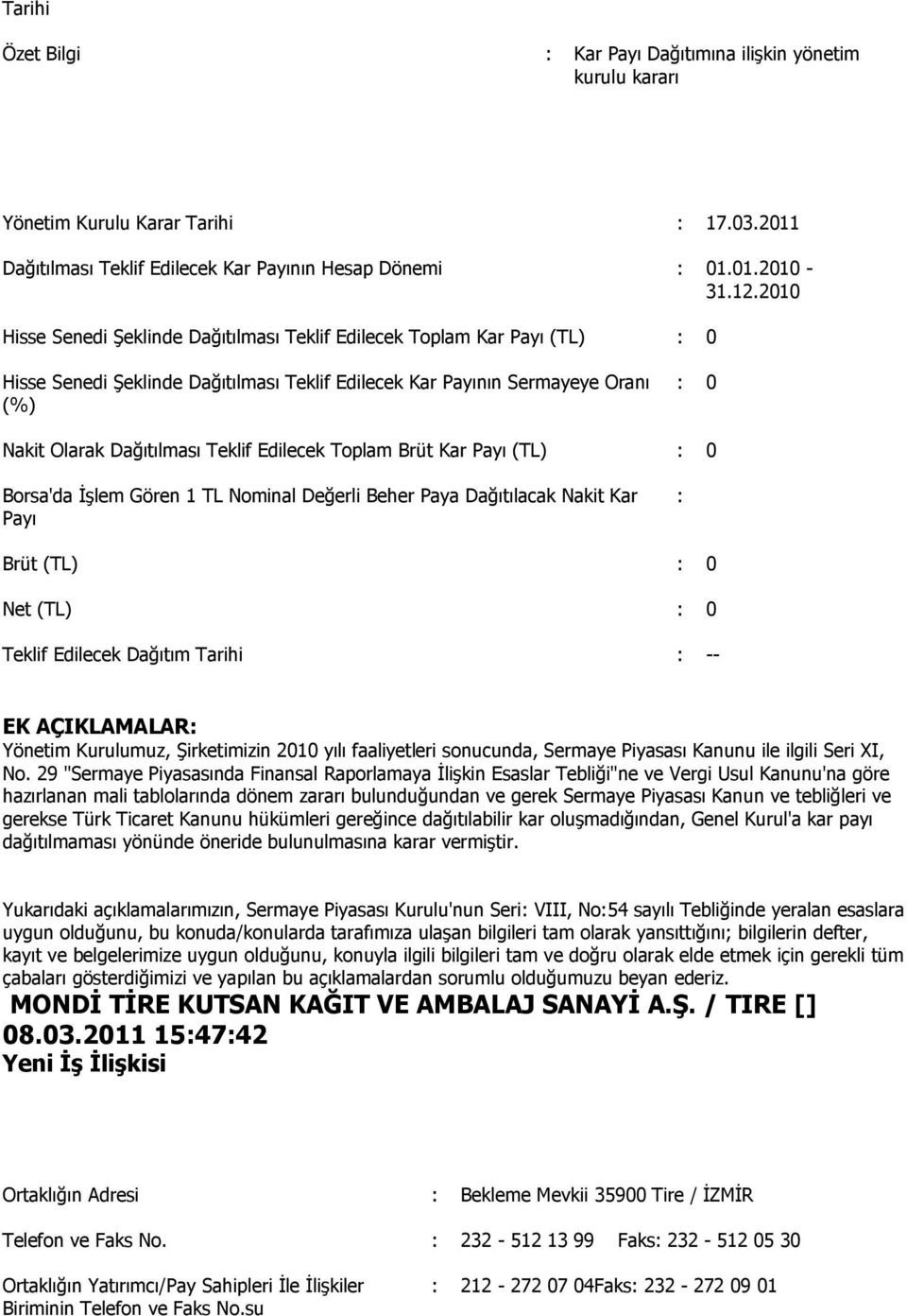 Edilecek Toplam Brüt Kar Payı (TL) : 0 Borsa'da İşlem Gören 1 TL Nominal Değerli Beher Paya Dağıtılacak Nakit Kar Payı : Brüt (TL) : 0 Net (TL) : 0 Teklif Edilecek Dağıtım Tarihi : -- EK AÇIKLAMALAR: