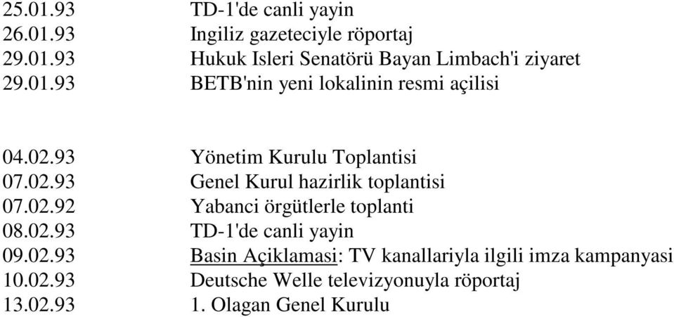 02.92 Yabanci örgütlerle toplanti 08.02.93 TD-1'de canli yayin 09.02.93 Basin Açiklamasi: TV kanallariyla ilgili imza kampanyasi 10.