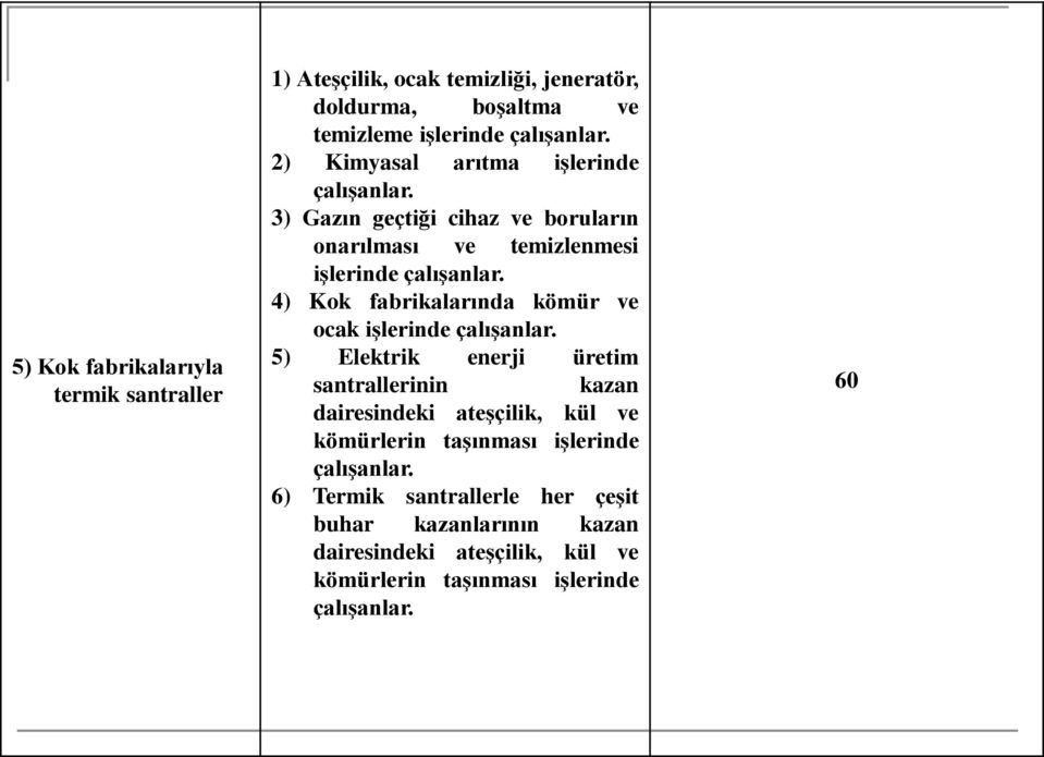 4) Kok fabrikalarında kömür ve ocak iģlerinde çalıģanlar.