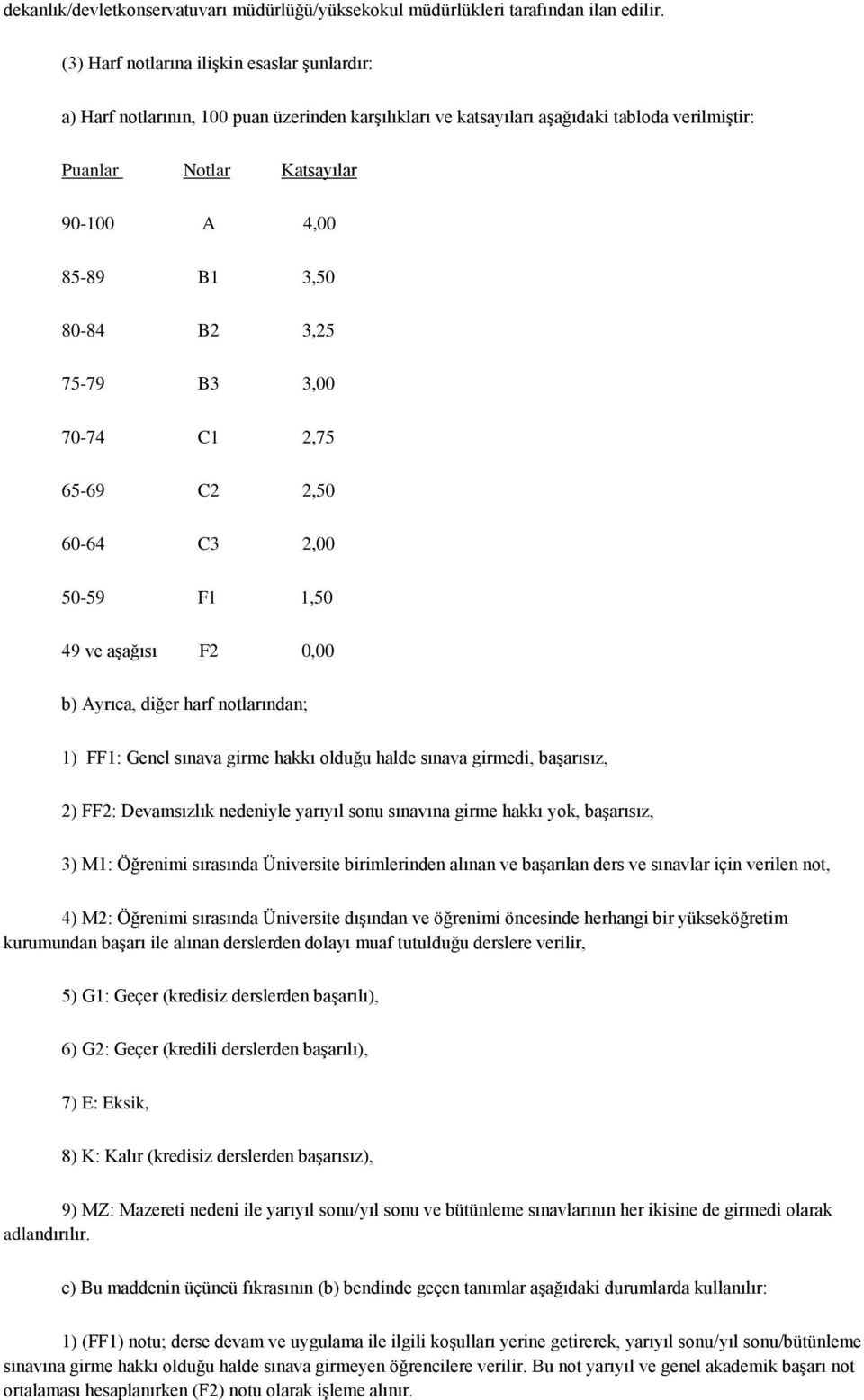 80-84 B2 3,25 75-79 B3 3,00 70-74 C1 2,75 65-69 C2 2,50 60-64 C3 2,00 50-59 F1 1,50 49 ve aşağısı F2 0,00 b) Ayrıca, diğer harf notlarından; 1) FF1: Genel sınava girme hakkı olduğu halde sınava