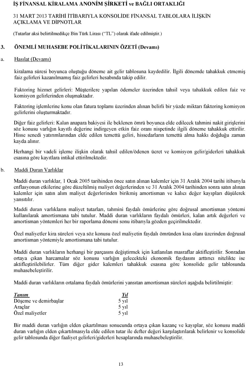 Faktoring hizmet gelirleri: MüĢterilere yapılan ödemeler üzerinden tahsil veya tahakkuk edilen faiz ve komisyon gelirlerinden oluģmaktadır.