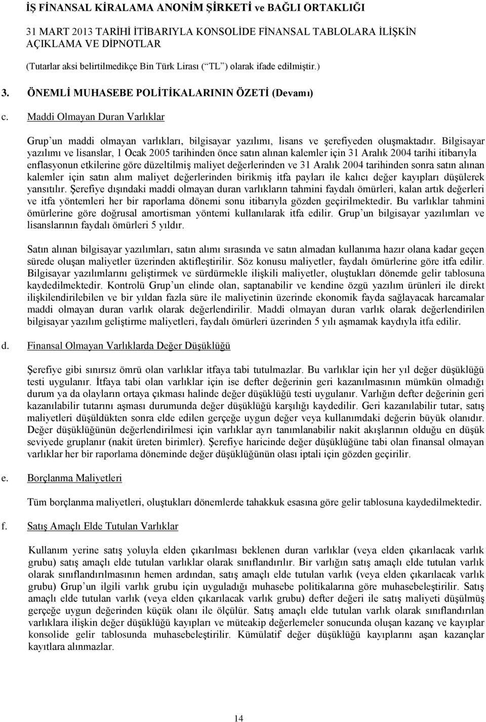 2004 tarihinden sonra satın alınan kalemler için satın alım maliyet değerlerinden birikmiģ itfa payları ile kalıcı değer kayıpları düģülerek yansıtılır.