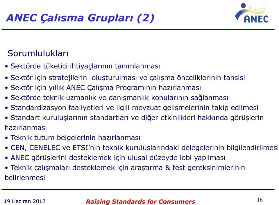 kuruluşlarının standartları ve diğer etkinlikleri hakkında görüşlerin hazırlanması Teknik tutum belgelerinin hazırlanması CEN, CENELEC ve ETSI nin teknik kuruluşlarındaki delegelerinin