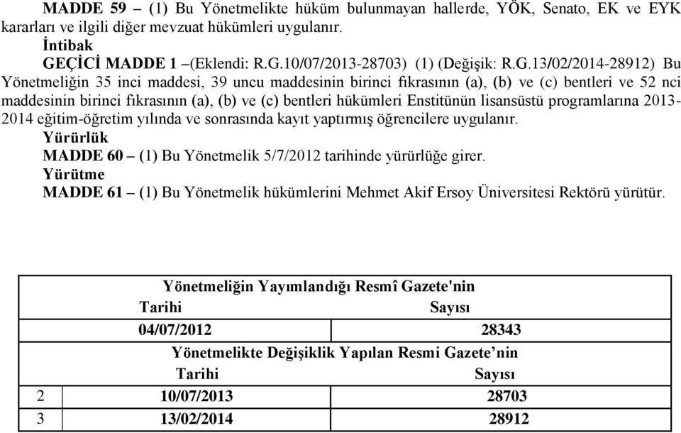 Enstitünün lisansüstü programlarına 2013-2014 eğitim-öğretim yılında ve sonrasında kayıt yaptırmış öğrencilere uygulanır. Yürürlük MADDE 60 (1) Bu Yönetmelik 5/7/2012 tarihinde yürürlüğe girer.