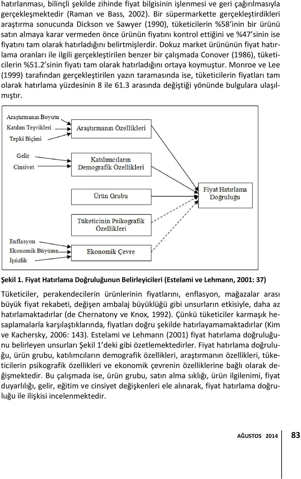 fiyatını tam olarak hatırladığını belirtmişlerdir. Dokuz market ürününün fiyat hatırlama oranları ile ilgili gerçekleştirilen benzer bir çalışmada Conover (1986), tüketicilerin %51.