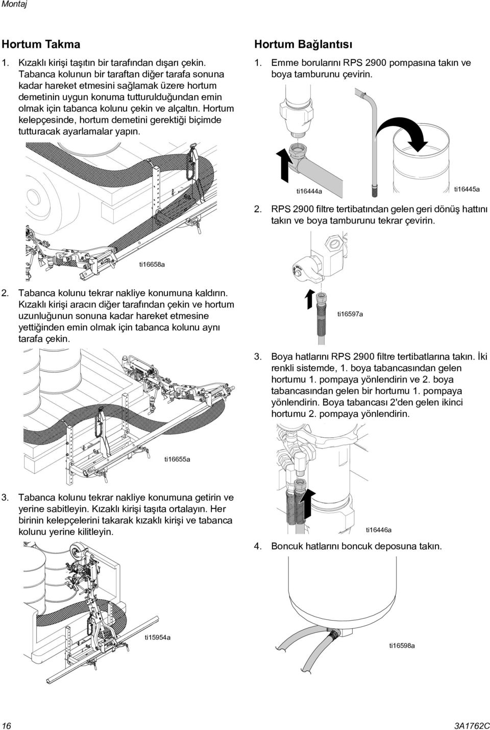 Hortum kelepçesinde, hortum demetini gerektiði biçimde tutturacak ayarlamalar yapýn. Hortum Baðlantýsý 1. Emme borularýný RPS 2900 pompasýna takýn ve boya tamburunu çevirin. ti16444a ti16445a 2.