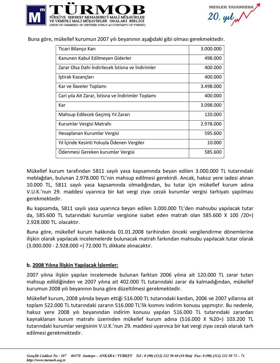 000 Mahsup Edilecek Geçmiş Yıl Zararı 120.000 Kurumlar Vergisi Matrahı 2.978.000 Hesaplanan Kurumlar Vergisi 595.600 Yıl İçinde Kesinti Yoluyla Ödenen Vergiler 10.