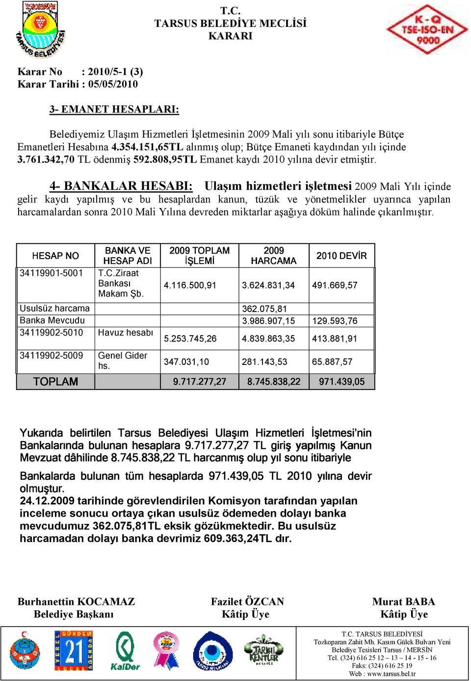 4- BANKALAR HESABI: Ulaşım hizmetleri işletmesi 2009 Mali Yılı içinde gelir kaydı yapılmış ve bu hesaplardan kanun, tüzük ve yönetmelikler uyarınca yapılan harcamalardan sonra 2010 Mali Yılına