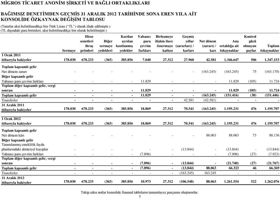 5 Net dönem (zararı) / karı Ana ortaklığa ait özkaynaklar Kontrol gücü olmayan paylar Toplam özkaynaklar Sermaye 1 Ocak 2011 itibarıyla bakiyeler 178.030 678.233 (365) 385.856 7.040 27.312 27.960 42.