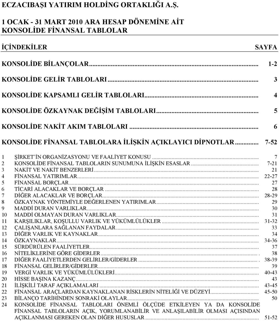 .. 21 4 FİNANSAL YATIRIMLAR... 22-27 5 FİNANSAL BORÇLAR... 27 6 TİCARİ ALACAKLAR VE BORÇLAR... 28 7 DİĞER ALACAKLAR VE BORÇLAR... 28-29 8 ÖZKAYNAK YÖNTEMİYLE DEĞERLENEN YATIRIMLAR.