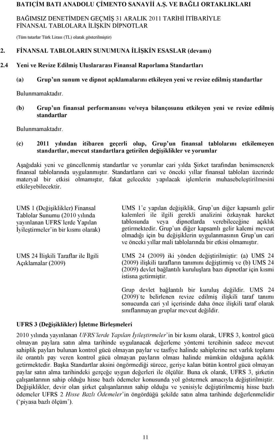 (b) Grup un finansal performansını ve/veya bilançosunu etkileyen yeni ve revize edilmiģ standartlar Bulunmamaktadır.