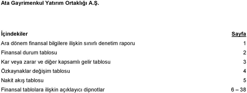 raporu 1 Finansal durum tablosu 2 Kar veya zarar ve diğer kapsamlı gelir