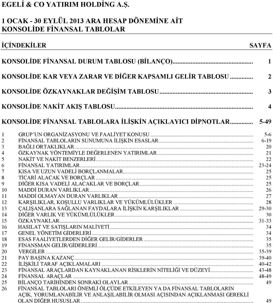 .. 619 3 BAĞLI ORTAKLIKLAR... 20 4 ÖZKAYNAK YÖNTEMİYLE DEĞERLENEN YATIRIMLAR... 21 5 NAKİT VE NAKİT BENZERLERİ... 22 6 FİNANSAL YATIRIMLAR... 2324 7 KISA VE UZUN VADELİ BORÇLANMALAR.