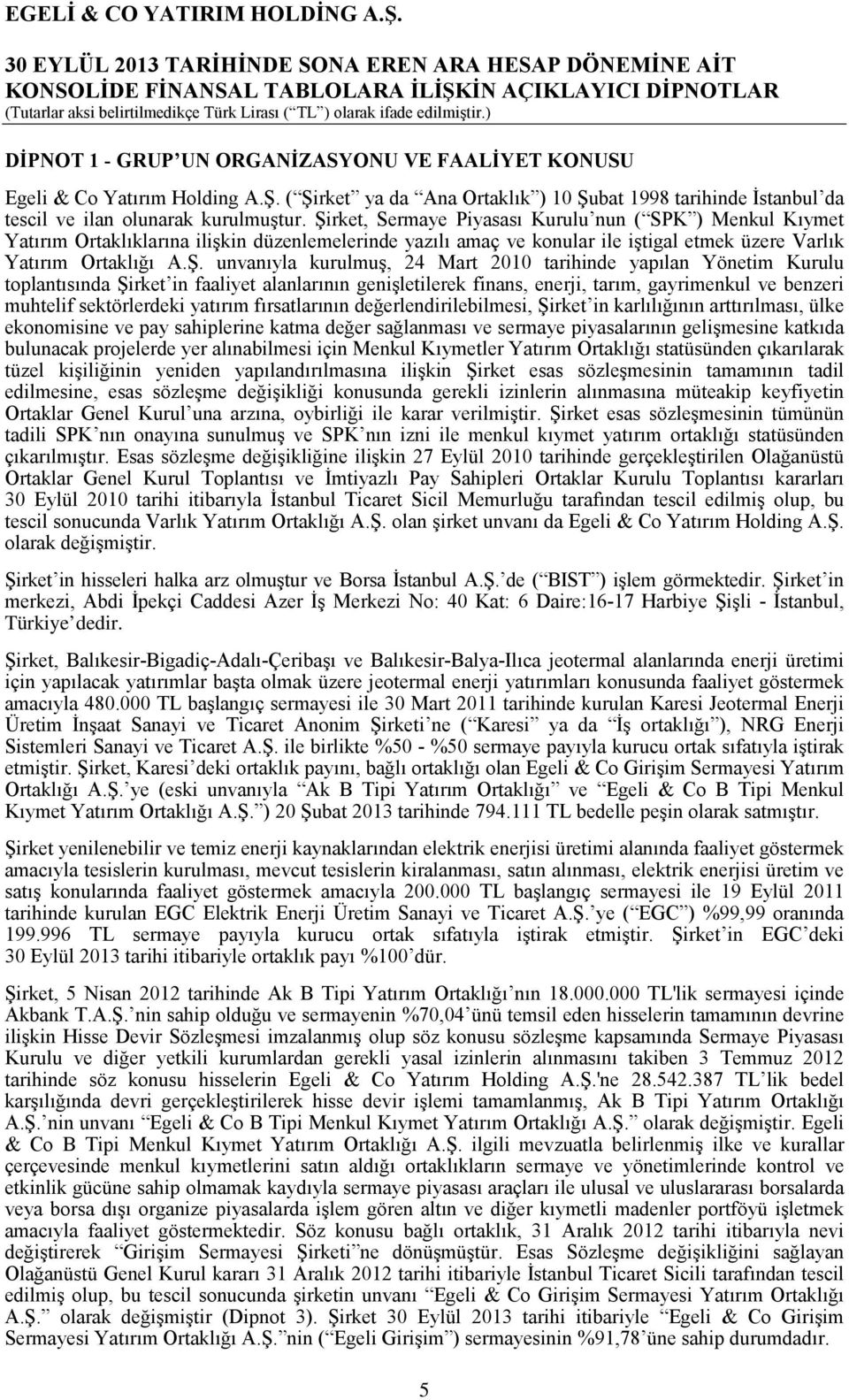 kurulmuş, 24 Mart 2010 tarihinde yapılan Yönetim Kurulu toplantısında Şirket in faaliyet alanlarının genişletilerek finans, enerji, tarım, gayrimenkul ve benzeri muhtelif sektörlerdeki yatırım