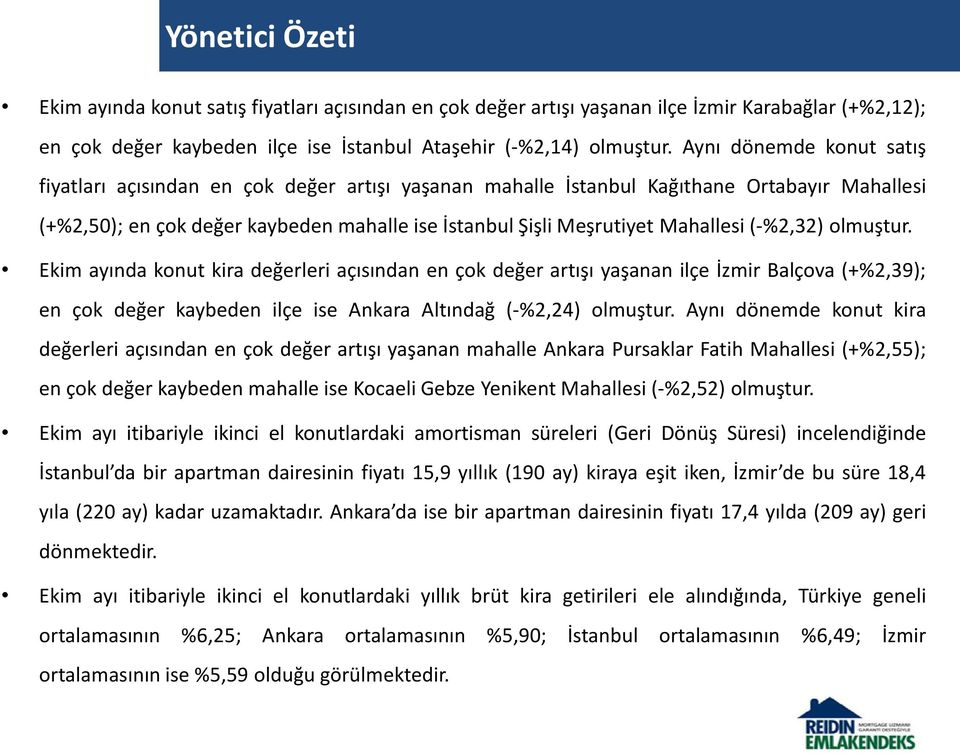 (-%2,32) olmuştur. Ekim ayında konut kira değerleri açısından en çok değer artışı yaşanan ilçe İzmir Balçova (+%2,39); en çok değer kaybeden ilçe ise Ankara Altındağ (-%2,24) olmuştur.