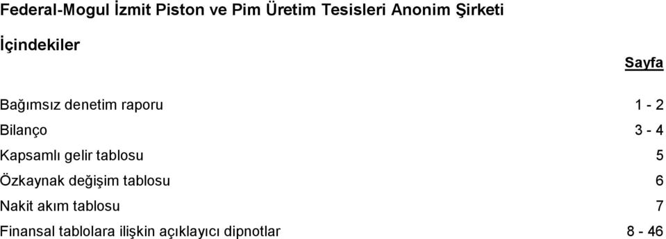 3-4 Kapsamlı gelir tablosu 5 Özkaynak değişim tablosu 6 Nakit