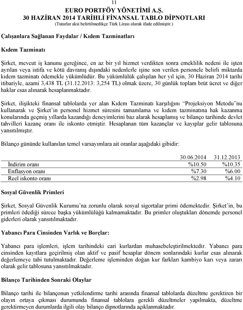 Bu yükümlülük çalışılan her yıl için, 30 Haziran 2014 tarihi itibariyle, azami 3,438 TL (31.12.2013: 3,254 TL) olmak üzere, 30 günlük toplam brüt ücret ve diğer haklar esas alınarak hesaplanmaktadır.