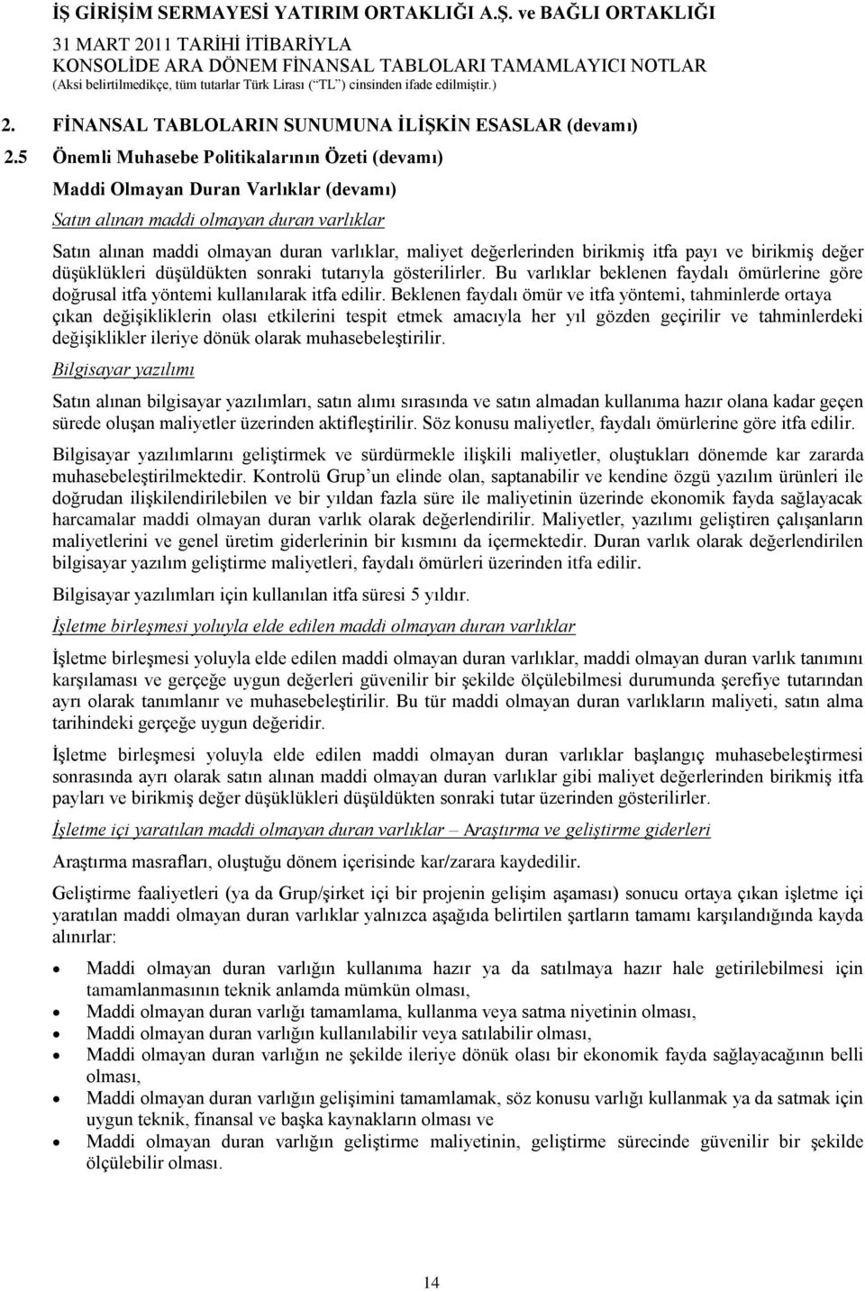 birikmiģ itfa payı ve birikmiģ değer düģüklükleri düģüldükten sonraki tutarıyla gösterilirler. Bu varlıklar beklenen faydalı ömürlerine göre doğrusal itfa yöntemi kullanılarak itfa edilir.