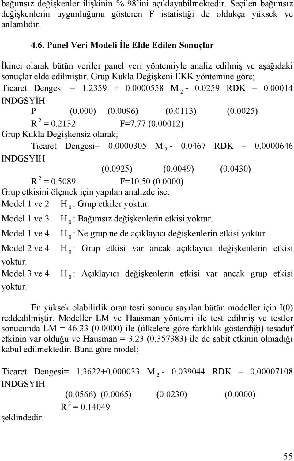 0000558 M 2-0.0259 RDK 0.00014 INDGSYİH P (0.000) (0.0096) (0.0113) (0.0025) R 2 = 0.2132 F=7.77 (0.00012) Grup Kukla Değşkensz olarak; Tcaret Denges= 0.0000305 M 2-0.0467 RDK 0.0000646 INDGSYİH (0.