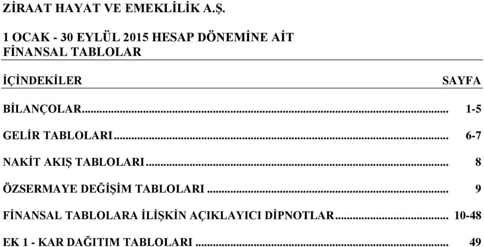 .. 15 GELİR TABLOLARI... 67 NAKİT AKIŞ TABLOLARI.