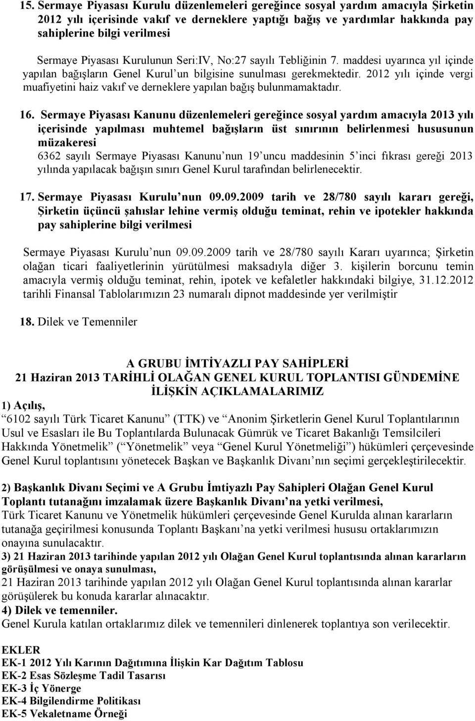 2012 yılı içinde vergi muafiyetini haiz vakıf ve derneklere yapılan bağış bulunmamaktadır. 16.