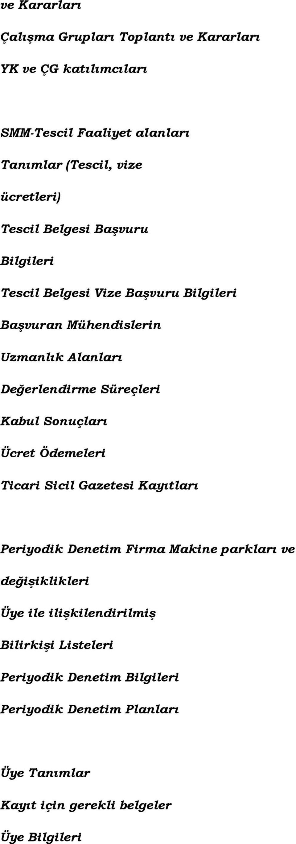 Kabul Sonuçları Ücret Ödemeleri Ticari Sicil Gazetesi Kayıtları Periyodik Denetim Firma Makine parkları ve değişiklikleri Üye ile