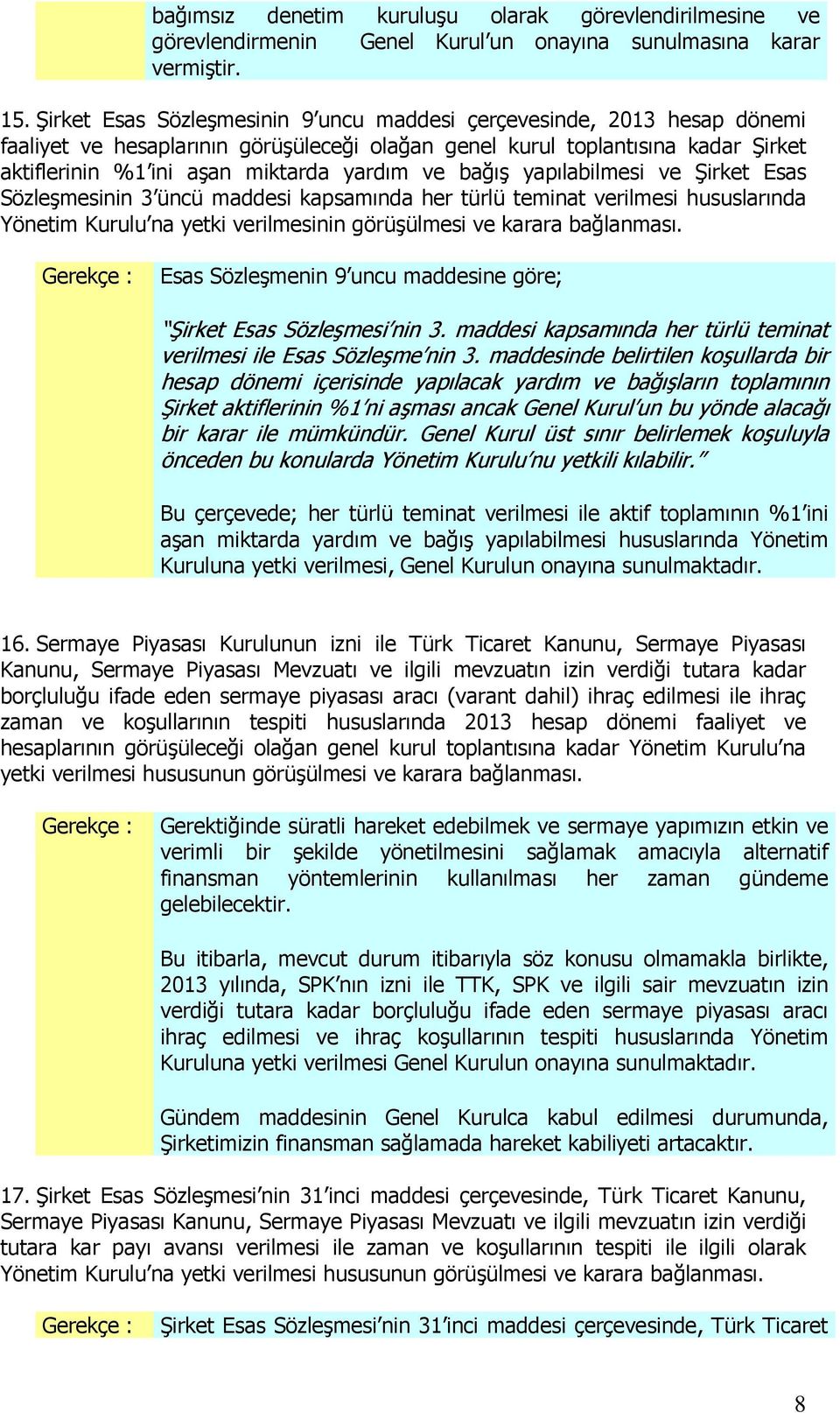 bağış yapılabilmesi ve Şirket Esas Sözleşmesinin 3 üncü maddesi kapsamında her türlü teminat verilmesi hususlarında Yönetim Kurulu na yetki verilmesinin görüşülmesi ve karara bağlanması.