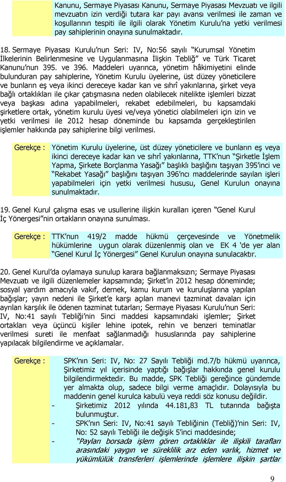 Sermaye Piyasası Kurulu nun Seri: IV, No:56 sayılı Kurumsal Yönetim İlkelerinin Belirlenmesine ve Uygulanmasına İlişkin Tebliğ ve Türk Ticaret Kanunu nun 395. ve 396.