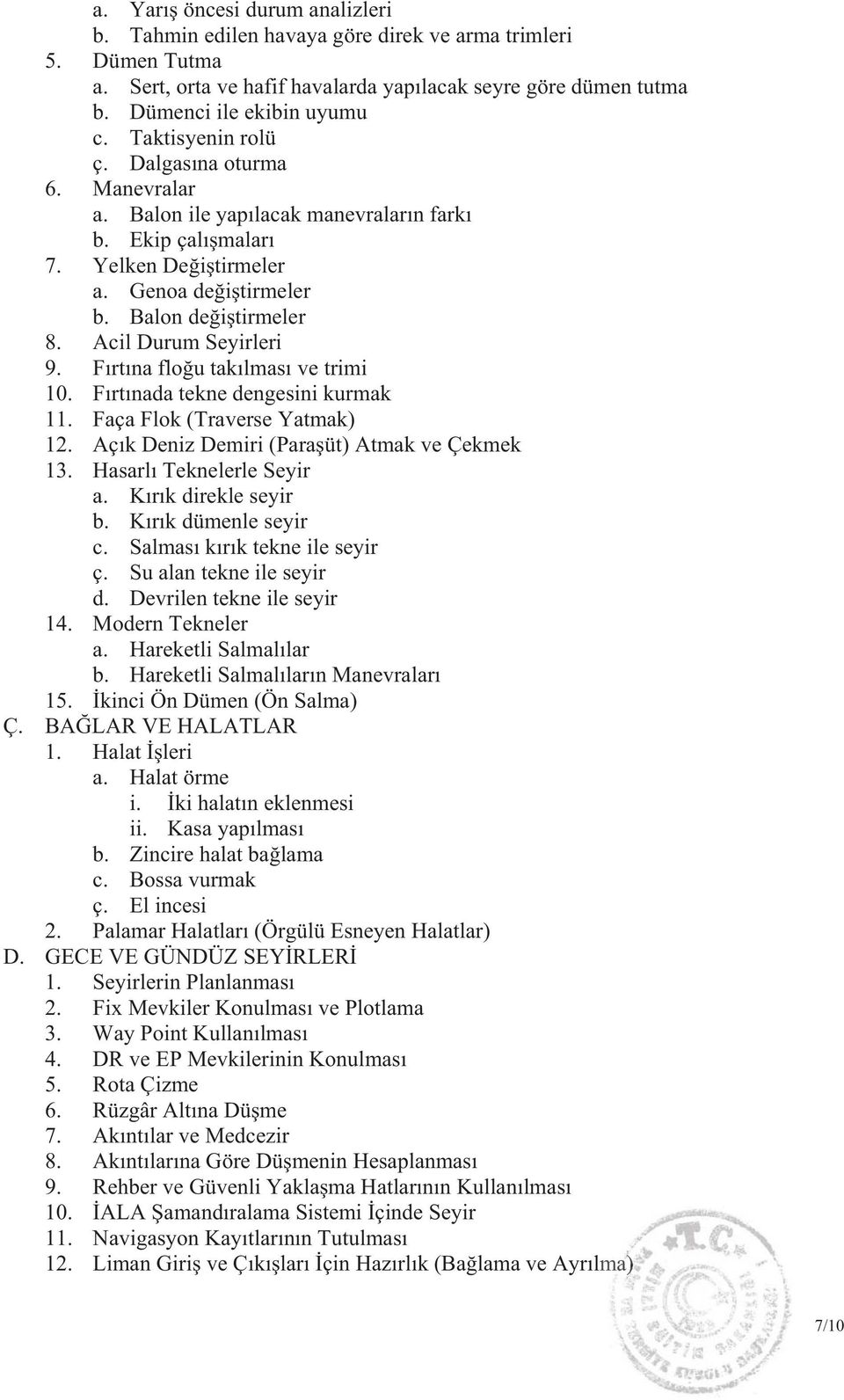 Acil Durum Seyirleri 9. F rt na flo u tak lmas ve trimi 10. F rt nada tekne dengesini kurmak 11. Faça Flok (Traverse Yatmak) 12. Aç k Deniz Demiri (Para üt) Atmak ve Çekmek 13.