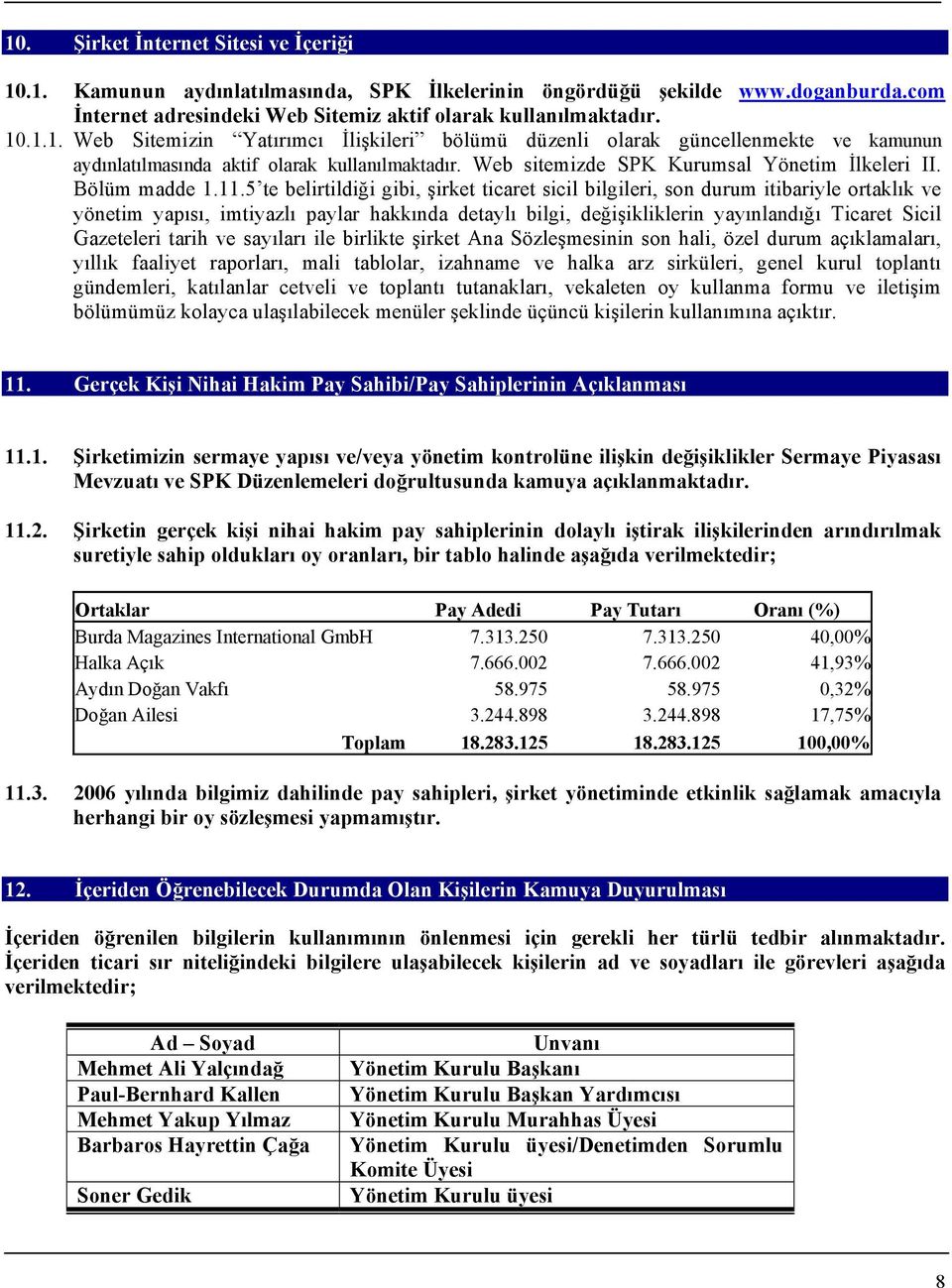 5 te belirtildiği gibi, şirket ticaret sicil bilgileri, son durum itibariyle ortaklık ve yönetim yapısı, imtiyazlı paylar hakkında detaylı bilgi, değişikliklerin yayınlandığı Ticaret Sicil Gazeteleri