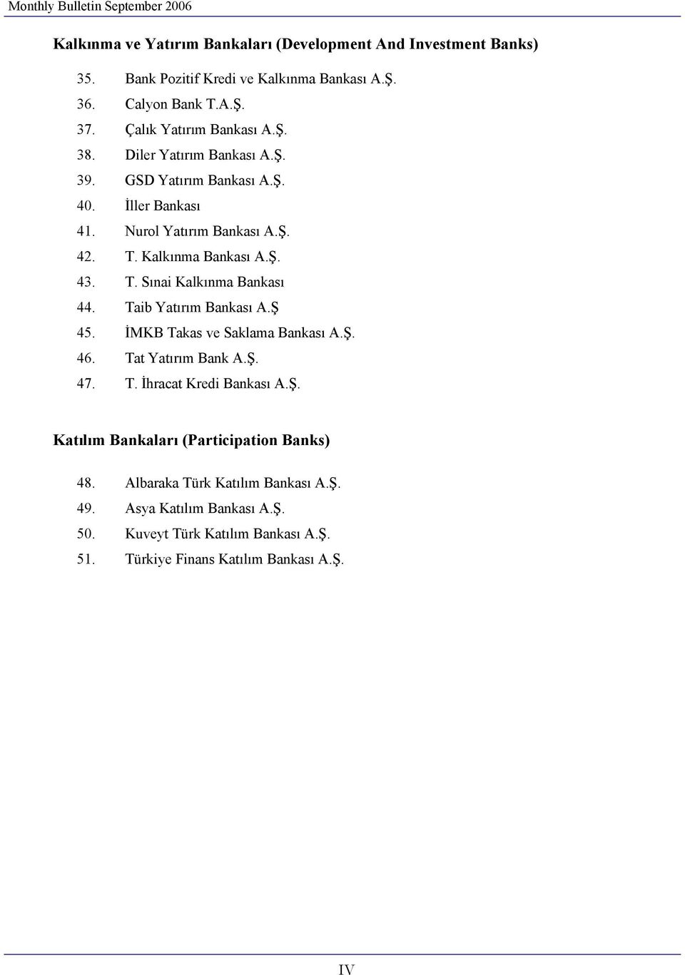 Taib Yatırım Bankası A.Ş 45. İMKB Takas ve Saklama Bankası A.Ş. 46. Tat Yatırım Bank A.Ş. 47. T. İhracat Kredi Bankası A.Ş. Katılım Bankaları (Participation Banks) 48.