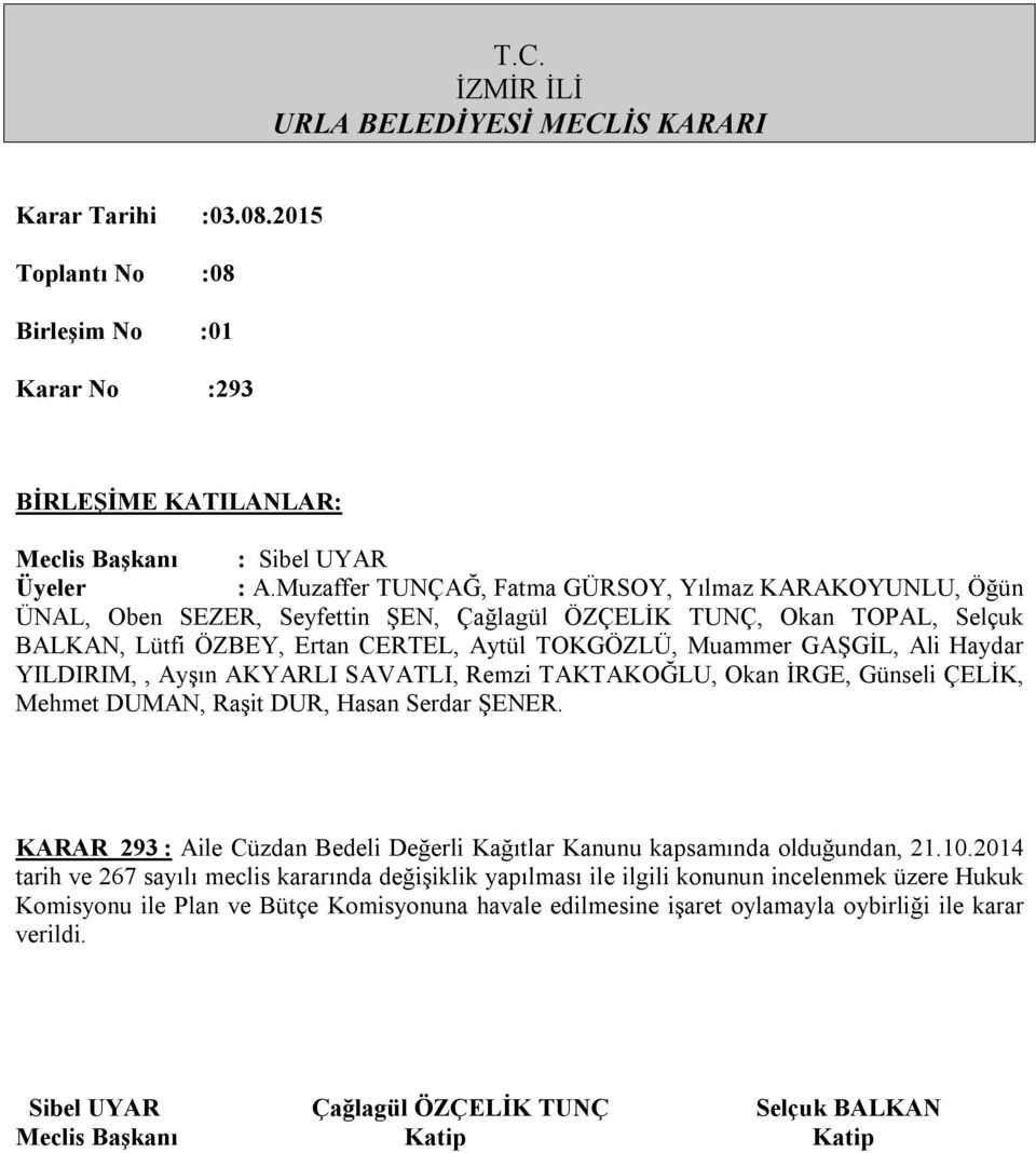 2014 tarih ve 267 sayılı meclis kararında değişiklik yapılması ile ilgili